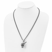 Chisel Stainless Steel Antiqued and Polished Skull Necklace with Feather Hat Pendant on a Curb Chain, 22" view 4
