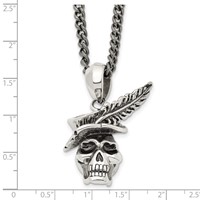 Chisel Stainless Steel Antiqued and Polished Skull Necklace with Feather Hat Pendant on a Curb Chain, 22" view 5