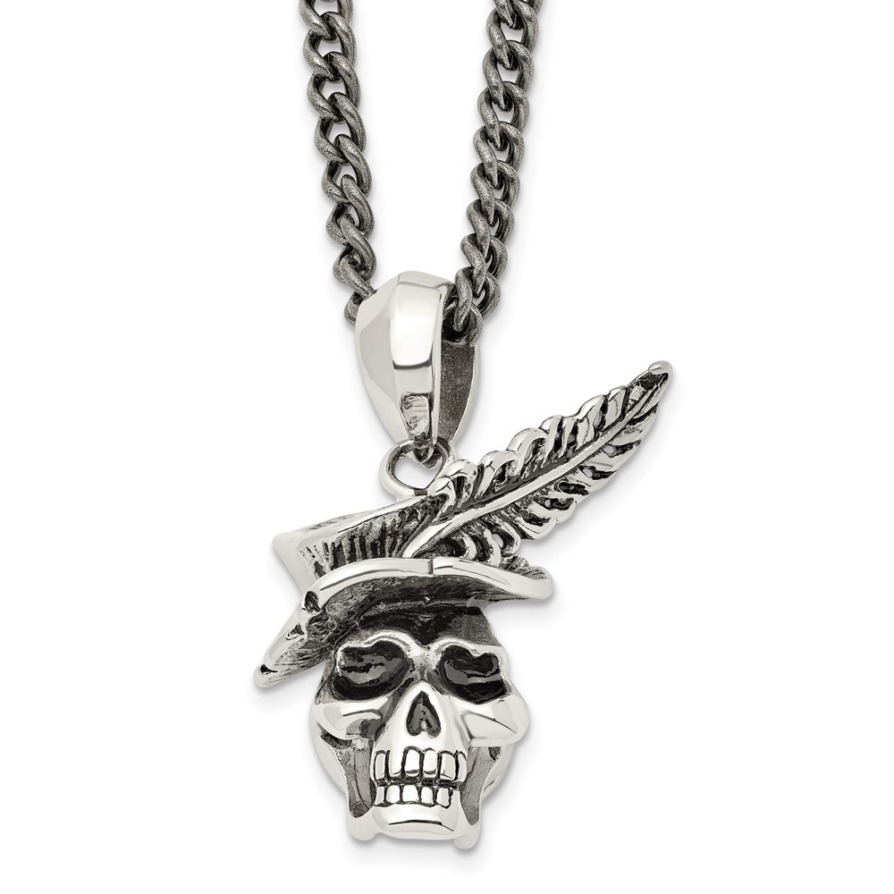 Stainless Steel Antiqued and Polished Skull with Feather 22in Necklace
