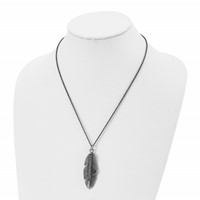 Chisel Stainless Steel Antiqued and Polished Necklace with Black CZ Feather Pendant on a Singapore Chain, 20" view 4