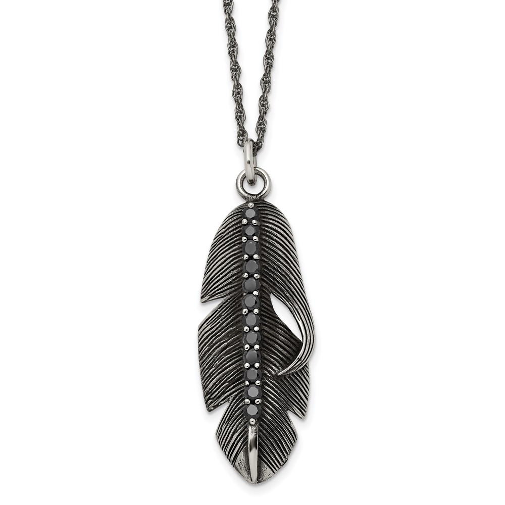 Stainless Steel Antiqued & Polished w/Black CZ Feather 20in Necklace