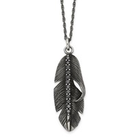Chisel Stainless Steel Antiqued and Polished Necklace with Black CZ Feather Pendant on a Singapore Chain, 20" view 1