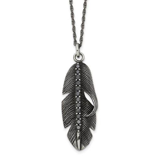 Chisel Stainless Steel Antiqued and Polished Necklace with Black CZ Feather Pendant on a Singapore Chain, 20"