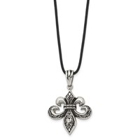 Chisel Stainless Steel Antiqued and Polished Fleur De Lis Pendant on a Leather Cord Necklace, 20" view 3