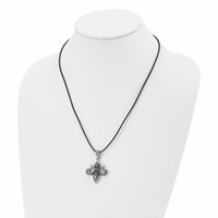 Chisel Stainless Steel Antiqued and Polished Fleur De Lis Pendant on a Leather Cord Necklace, 20" view 4