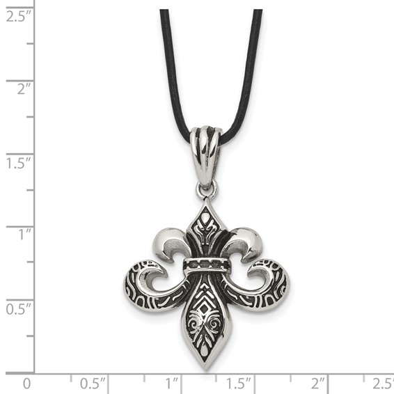 Chisel Stainless Steel Antiqued and Polished Fleur de lis Pendant on a 20 inch Leather Cord Necklace