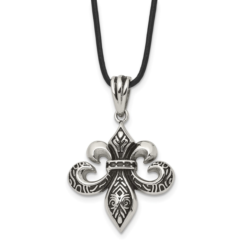 Stainless Steel Antiqued and Polished Fleur de lis w/Leather Cord Necklace