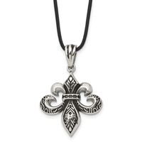 Chisel Stainless Steel Antiqued and Polished Fleur De Lis Pendant on a Leather Cord Necklace, 20" view 1