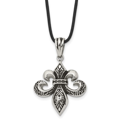 Chisel Stainless Steel Antiqued and Polished Fleur De Lis Pendant on a Leather Cord Necklace, 20"