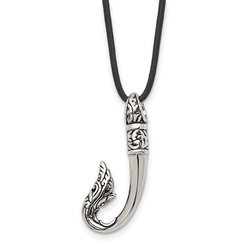 Chisel Stainless Steel Antiqued and Polished Hook Pendant on a Black Leather Cord Necklace, 20"
