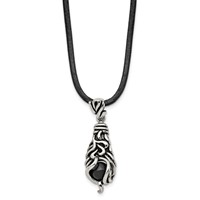 Chisel Stainless Steel Antiqued Polished and Textured Moveable Black Agate Pendant on a Leather Cord Necklace, 20" view 3