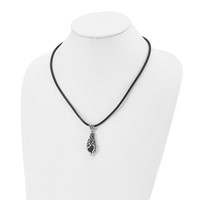 Chisel Stainless Steel Antiqued Polished and Textured Moveable Black Agate Pendant on a Leather Cord Necklace, 20" view 4