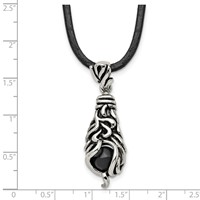 Chisel Stainless Steel Antiqued Polished and Textured Moveable Black Agate Pendant on a Leather Cord Necklace, 20" view 5
