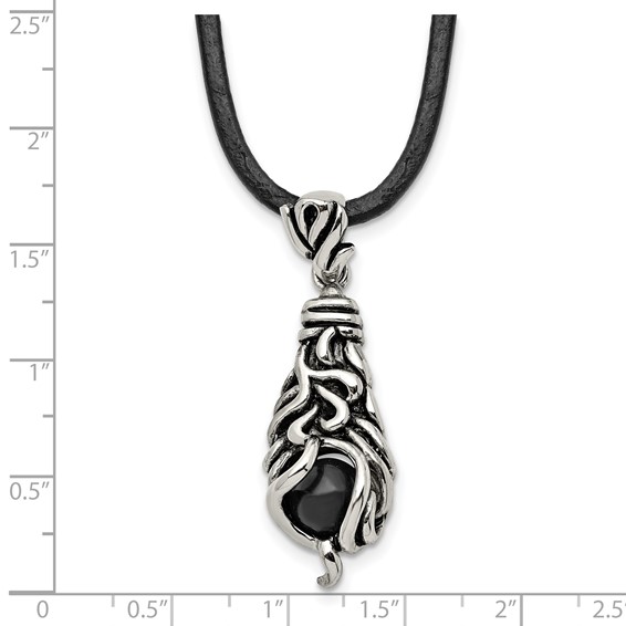 Chisel Stainless Steel Antiqued Polished and Textured Moveable Black Agate Pendant on a 20 inch Leather Cord Necklace