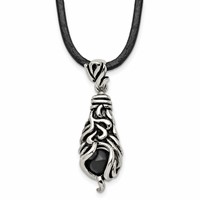 Chisel Stainless Steel Antiqued Polished and Textured Moveable Black Agate Pendant on a Leather Cord Necklace, 20" view 1