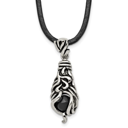 Chisel Stainless Steel Antiqued Polished and Textured Moveable Black Agate Pendant on a Leather Cord Necklace, 20"