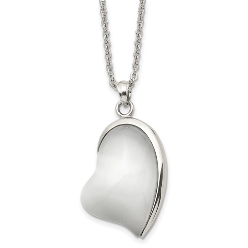 Stainless Steel Polished White Cat's Eye Heart Necklace, 20"