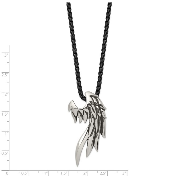 Chisel Stainless Steel Antiqued and Polished Wing Slide on a Black IP-plated 20 inch Box Chain Necklace