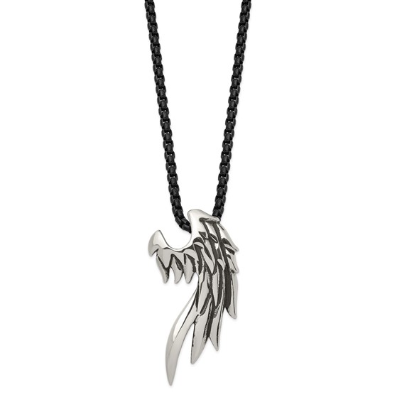 Chisel Stainless Steel Antiqued and Polished Wing Slide on a Black IP-plated 20 inch Box Chain Necklace