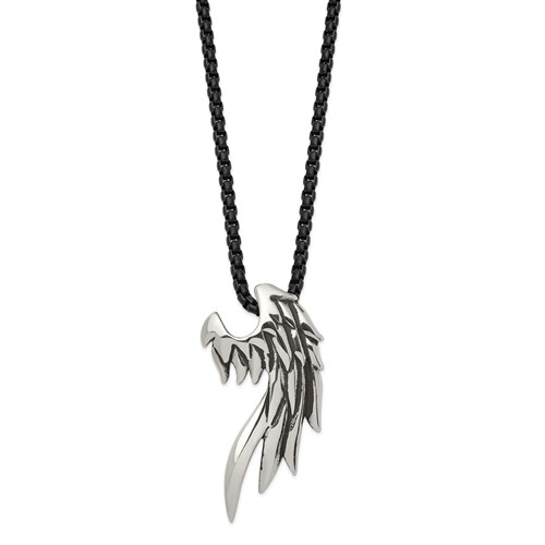 Chisel Stainless Steel Antiqued and Polished Wing Slide on a Black IP-plated Box Chain Necklace, 20"
