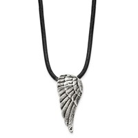 Chisel Stainless Steel Antiqued and Polished Wing Pendant on a Leather Cord Necklace, 20" view 3