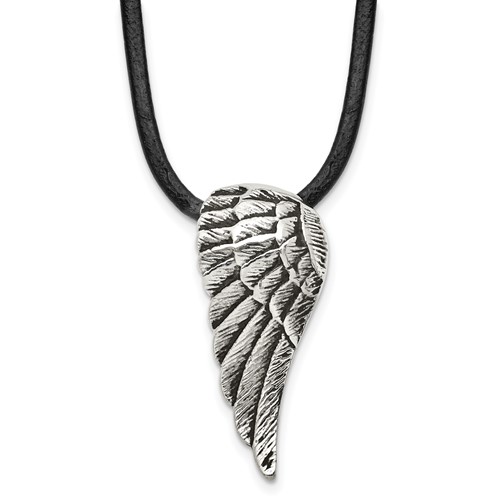 Chisel Stainless Steel Antiqued and Polished Wing Pendant on a Leather Cord Necklace, 20"
