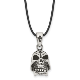 Chisel Stainless Steel Antiqued and Polished Moveable Skull Pendant on a 20 inch Leather Cord Necklace
