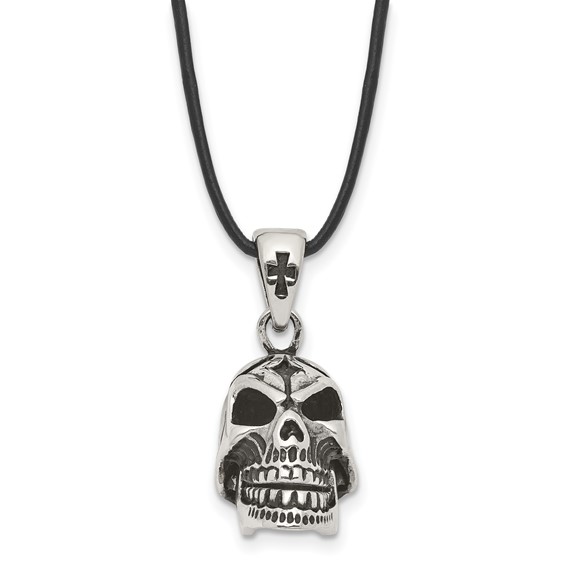 Chisel Stainless Steel Antiqued and Polished Moveable Skull Pendant on a 20 inch Leather Cord Necklace
