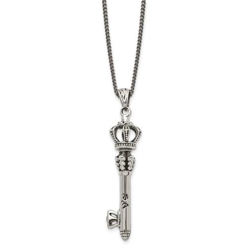Stainless Steel Antiqued and Polished Crown Key Necklace, 20"
