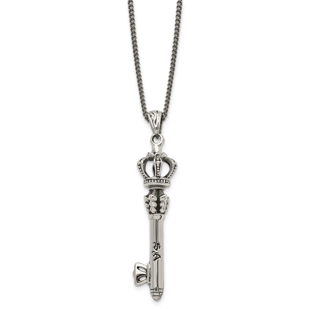 Stainless Steel Antiqued and Polished Crown Key 20in Necklace