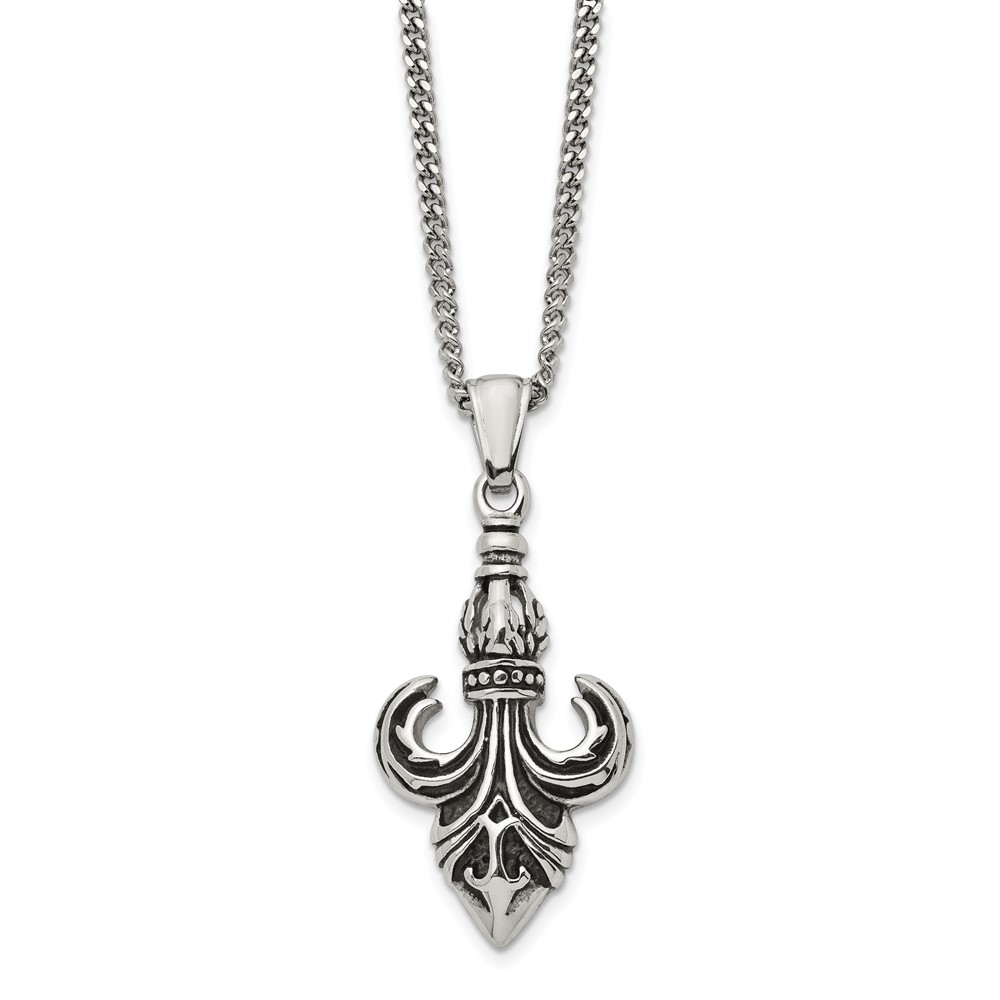 Stainless Steel Antiqued and Polished Fleur de lis 22in Necklace