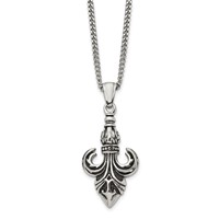 Chisel Stainless Steel Antiqued and Polished Fleur De Lis Pendant on a Curb Chain Necklace, 22" view 1