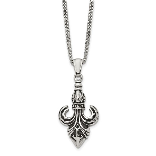 Chisel Stainless Steel Antiqued and Polished Fleur De Lis Pendant on a Curb Chain Necklace, 22"