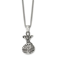 Chisel Stainless Steel Polished and Antiqued Money Bag Pendant on a Curb Chain Necklace, 22" view 1