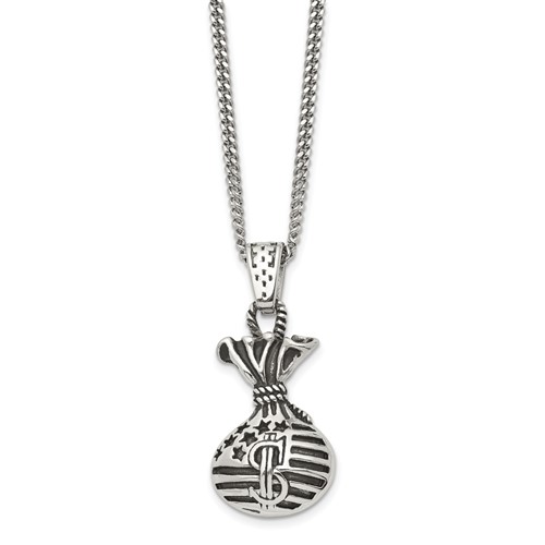 Chisel Stainless Steel Polished and Antiqued Money Bag Pendant on a Curb Chain Necklace, 22"