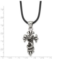 Chisel Stainless Steel Antiqued and Polished Snake on Cross Pendant on a Leather Cord Necklace, 20" view 3