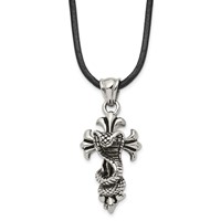 Chisel Stainless Steel Antiqued and Polished Snake on Cross Pendant on a Leather Cord Necklace, 20" view 1