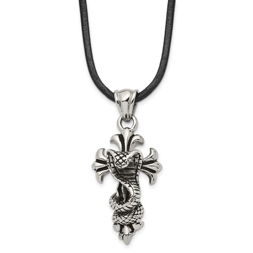 Chisel Stainless Steel Antiqued and Polished Snake on Cross Pendant on a Leather Cord Necklace, 20"