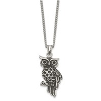 Stainless Steel Antiqued and Polished Necklace with Black Crystal Owl, 20" view 3