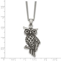 Stainless Steel Antiqued and Polished Necklace with Black Crystal Owl, 20" view 5