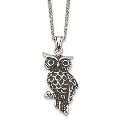Stainless Steel Antiqued and Polished Necklace with Black Crystal Owl, 20"