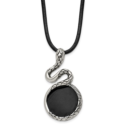 Chisel Stainless Steel Antiqued and Polished Enameled Snake Pednant on a Leather Cord Necklace, 20"