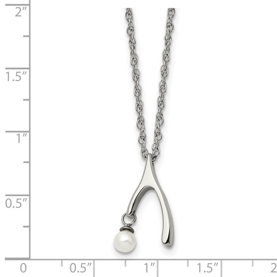 Stainless Steel Polished Wishbone Imitation Pearl 16in Necklace