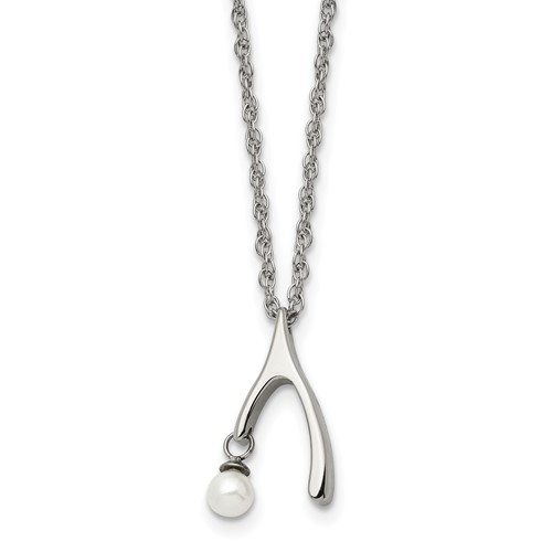 Stainless Steel Polished Wishbone Imitation Pearl Necklace, 16"
