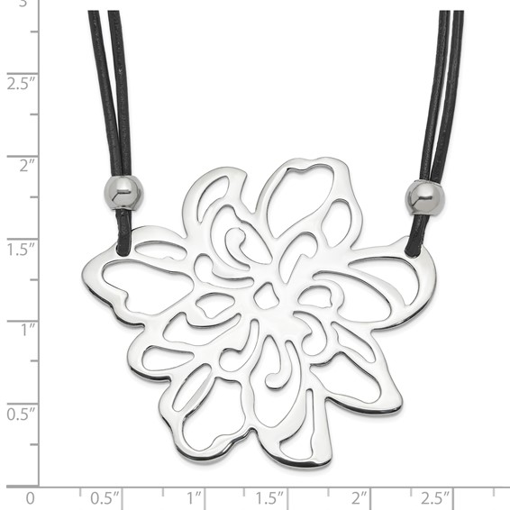 Stainless Steel Polished Flower w/Black Leather Cord Necklace