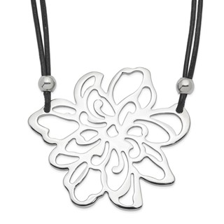 Stainless Steel Polished Flower w/Black Leather Cord Necklace