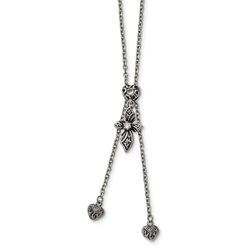 Stainless Steel Antiqued &Polished CZ Adjustable Up to Necklace, 29.5"