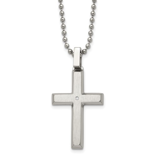 Chisel Stainless Steel Brushed and Polished.01 Carat Diamond Cross Pendant on a Ball Chain Necklace, 22"