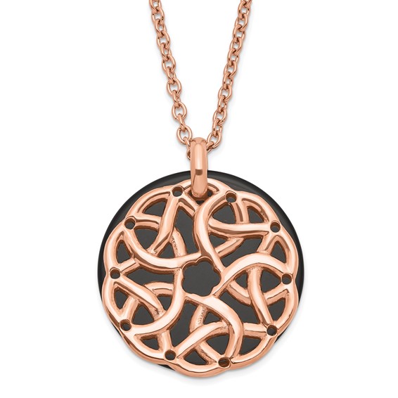 Stainless Steel and Rose IP-plated Polished Black Onyx Circle Necklace