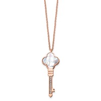 Chisel Stainless Steel Polished Rose IP-plated CZ and Mother of Pearl Key Pendant on a Cable Chain Necklace with a 2 Inch Extension, 16" view 3